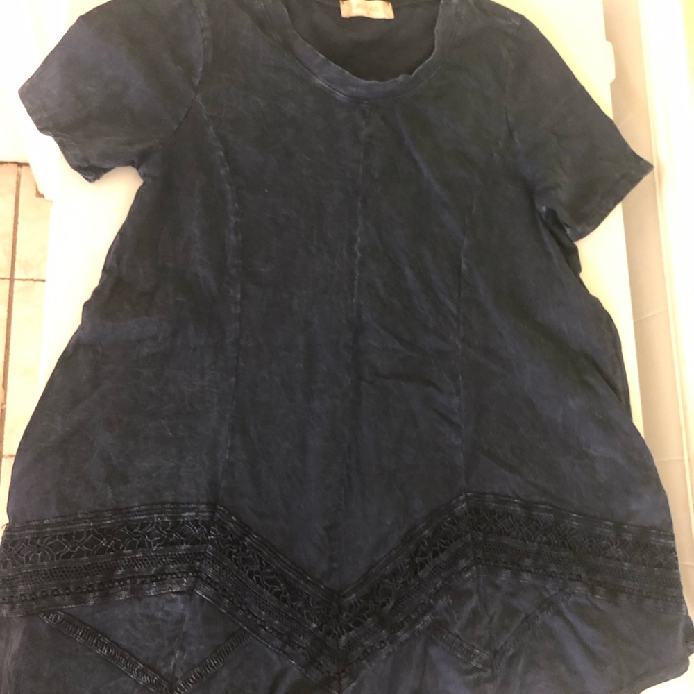 Altar'd State Boho Navy Acid Wash Shirt w/ Crochet Chevron Lace Hem